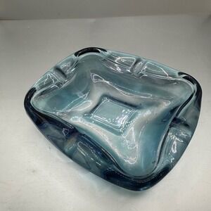 Vintage Mid Century Modern Heavy Blue Glass Ashtray Rectangular Catchall Dish